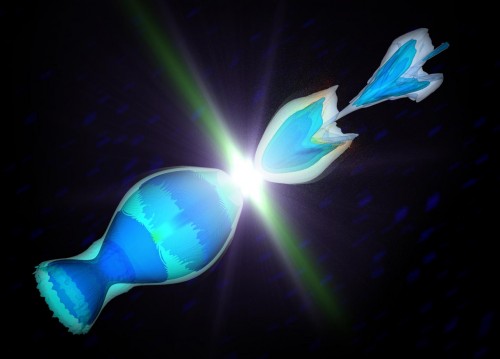 I futuri acceleratori di particelle richiederanno metodi di accelerazione altamente efficienti sia per elettroni e positroni. L’accelerazione di entrambi i tipi di particelle con l’uso di plasma, come mostrato in questa simulazione, potrebbe portare ad acceleratori più piccoli e più potenti rispetto a quelli a nostra disposizione. Crediti: F. Tsung/W. An/UCLA/SLAC National Accelerator Laboratory