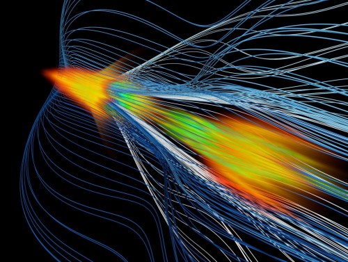 Simulazione dell’accelerazione di positroni ad alta energia in un gas ionizzato, o plasma. L’immagine mostra la formazione di plasma ad alta densità (di colore verde e arancione) attorno ad un fascio di positroni che si muove da in basso a destra in alto a sinistra del riquadro. Crediti: W. An/UCLA