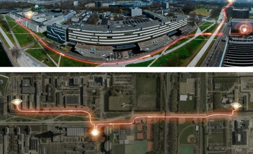 Il set dell’esperimento presso il campus della Delft University of Technology, con i due laboratori A e B alle estremità, separati da 1.3 km, e il laboratorio C in basso al centro. Crediti: Slagboom en Peters BV