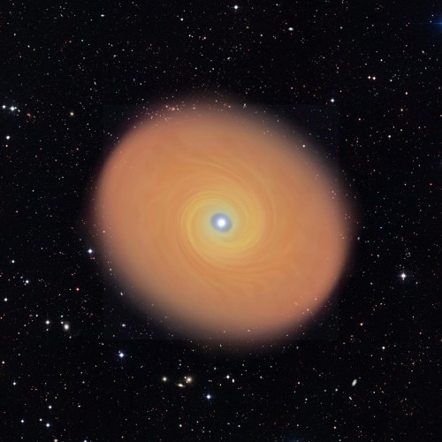 Rappresentazione artistica del disco che circonda la stella supermassiccia AFGL 4176. Il disco è 50 volte più grande dell’orbita di Plutone ma ruota attorno alla stella in modo analogo a quello presente nelle stelle di massa più piccola durante la loro formazione. Credit: K.G. Johnston / ESO