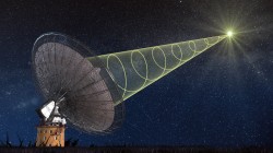 Rappresentazione artistica della rilevazione di un Fast Radio Burst (FRB). I FRB sono lampi improvvisi e di breve durata nella banda radio, e sono quindi fenomeni che potranno essere rilevati grazie alla nuova tecnica. Crediti: Swinburne Astronomy Productions