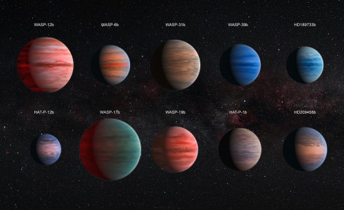 Questa immagine mostra la rappresentazione artistica dei dieci pianeti gioviani caldi studiati da David Sing e dei suoi colleghi. I pianeti sono rappresentati in scala: HAT-P-12b è il più piccolo, ed è circa delle dimensioni di Giove, mentre WASP-17b, quello più grande, è quasi il doppio. Le proprietà dell’atmosfera, con strutture che ricordano quelle visibili su Giove, sono basate su modelli teorici. Crediti: ESA/Hubble, NASA