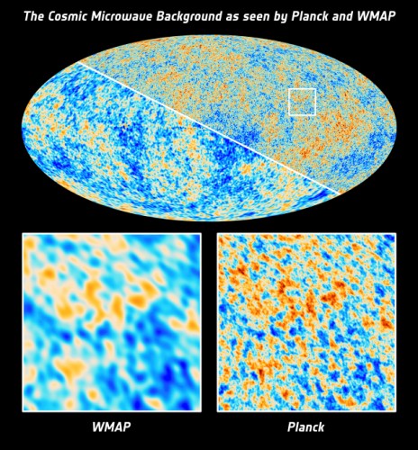 La CMB vista da Planck e WMAP. Crediti: ESA and the Planck Collaboration; NASA / WMAP Science Team