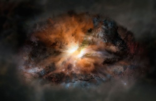 Rappresentazione artistica di W2246-0526. Crediti: NRAO/AUI/NSF; Dana Berry / SkyWorks; ALMA (ESO/NAOJ/NRAO)