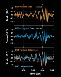 Il segnale delle onde gravitazionali rilevato dalle stazioni gemelle LIGO. Nell'immagine in alto, in arancione, il segnale del sito di Hanford nello stato di Washington D.C. Sovrapposto in giallo il segnale teorico previsto delle simulazioni ottenute tramite la teoria della Relatività Generale. Nel riquadro centrale descrizione analoga ma stavolta con i dati raccolti dal sito di Livingston, in Louisiana. Il terzo grafico (in basso), mostra la sovrapposizione dei due segnali, dopo un opportuno riallineamento di fase, mettendo in evidenza la grande corrispondenza ottenuta con due strumenti completamente indipendenti l'uno dall'altro.