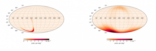 Mappa celeste con la localizzazione dei raggi gamma rilevati da Fermi (a destra) e della sorgente di onde gravitazionali rilevata dai due interferometri di LIGO (a sinistra). Crediti: Connaughton et al. The Astrophysical Journal.