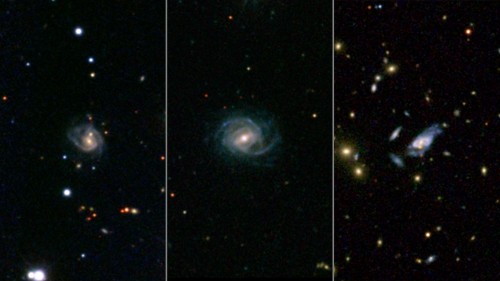 Una composizione di tre immagini raccolte dall’archivio NED. A sinistra: la galassia denominata 2MASX J08542169+0449308, che contiene due nuclei galattici anziché uno. Al centro: 2MASX J16014061+2718161, che pure mostra due nuclei al suo centro. A destra: la galassia gigante SDSS J094700.08+254045.7, che con il suo diametro da 320 mila anni luce è tre volte la nostra Via Lattea. Cliccando sull’immagine è possibile accedere al file ad alta risoluzione. Crediti: SDSS