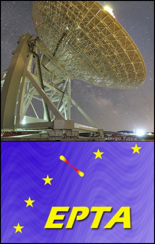 In basso, il logo della collaborazione EPTA. In altro, una foto di SRT, il Sardinia Radio Telescope (crediti: Sergio Poppi)