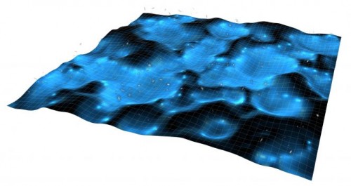 L’immagine mostra una visualizzazione delle galassie che fluttuano nello spaziotempo curvo, così come realizzato dalla simulazione del gruppo americano. Crediti: James Mertens