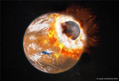 Rappresentazione artistica dell’impatto gigante che avrebbe originato Phobos e Deimos, così come il bacino Borealis di Marte. Crediti: Université Paris Diderot / Labex UnivEarthS 2016