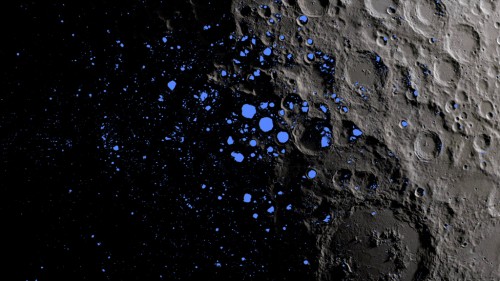 Una mappa che mostra le regioni permanentemente in ombra (blu) che coprono circa il 3% del polo sud della Luna. Crediti: NASA Goddard/LRO mission
