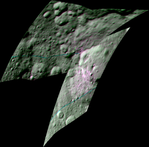 Immagine composita migliorata ottenuta dalle riprese dello spettrometro VIR nelle lunghezze d’onda di 1.7, 2 e 3.4 micrometri, che mostra la distribuzione di materiale organico (in rosa) nella zona del cratere Ernutet. Crediti: NASA/JPL-Caltech/UCLA/INAF/ASI