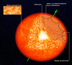 Una gigante rossa in sezione, ci mostra che al suo interno si propagano onde acustiche, le quali osservate dall'esterno ci danno informazioni sull'inclinazione dell'asse di rotazione stellare.
