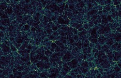 Nell’immagine una simulazione della struttura su larga scala dell’Universo rivela la rete cosmica di galassie, disposte lungo filamenti, e le vaste regioni di vuoto. Crediti: Nico Hamaus, Universitäts-Sternwarte München, Ohio State University