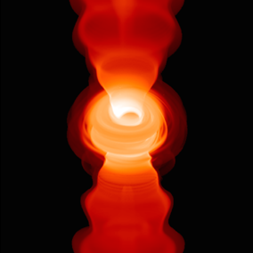 L’immagine illustra una simulazione numerica relativa a un getto relativistico che ha origine nel buco nero e che emette onde radio (banda di frequenza 50 GHz o lunghezza d’onda di 7mm). Si nota il disco di materia che accresce al centro del buco nero e i due getti simmetrici in direzione perpendicolare al disco. Crediti: T. Bronzwaar, M. Moscibrodzka, & H. Falcke