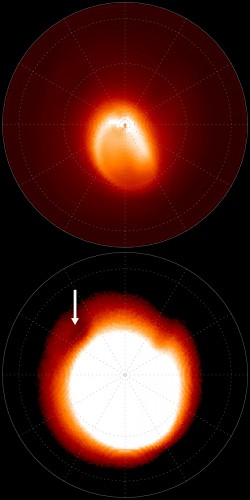 La mappa della ionosfera del polo nord di Giove, ottenuta con oltre 13 mila immagini in 6 anni di campagna del IRTF della NASA, iniziata quindici anni prima delle osservazioni del VLT, che mostrano come la macchia fosse già presente allora. In alto si vede chiaramente la struttura dell'aurora, in basso l'immagine saturata per rivelare la macchia scura e fredda. Credit: IRTF/NASA