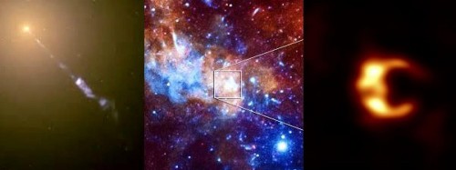 A sinistra, il nucleo e il jet di M87 ripresi da Hubble. Al centro, Sgr-A nelle bande infrarossa e X. A destra, una simulazione di come dovrebbe apparire ques'ultimo buco nero supermassiccio tramite EHT.. Crediti: HST/Chandra/NASA/ESA - C. Goddi, F. Roeloff, M. Moscibrodzka.