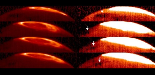La Great Cold Spot, indicata dalla freccina nelle immagini, è stato scoperta grazie alle riprese nella zona interessata dalle aurore gioviane, dello strumento CRIRES, in dotazione al Very Large Telescope dell'ESO. Le immagini a sinistra mostrano i luminosi archi dell'aurora in infrarosso, riprese in due notti separate (la prima in alto a sinistra il 17 ottobre e tre immagini del 31 dicembre 2012). Per poter evidenziare la Grande Macchia Fredda è stato necessario saturare le immagini, come si vede sulla destra. In questo modo il pianeta brilla per il calore dell'alta atmosfera, e la macchia più fredda viene messa in evidenza. Credit: VLT / ESO