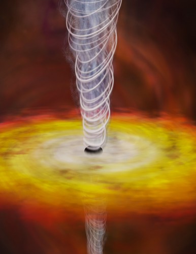 Illustrazione di un Agn al centro di una galassia. Si notano il buco nero supermassiccio, il gas caldo che cade su di esso e i getti che ne sfuggono lungo i poli. Crediti: Nasa/Cxc/M. Weiss