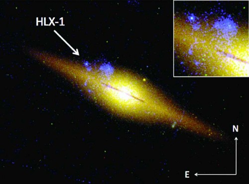 Immagine della galassia Eso 243-49 ottenuta utilizzando dati del telescopio spaziale Hubble. Lo zoom nel riquadro e la freccia mostrano la posizione della sorgente X HLX-1, che è uno dei principali candidati buco nero di massa intermedia. Fonte: Mnras 433, 849, M. Mapelli et al. (2013)