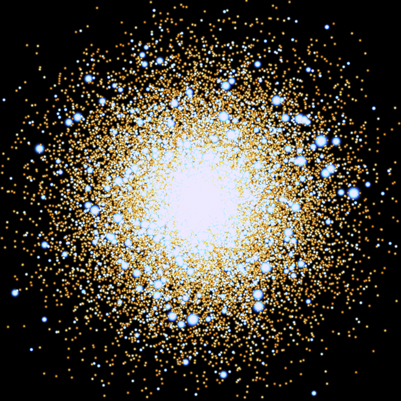 Immagine di una simulazione a N-corpi di un ammasso stellare denso dove un buco nero di massa intermedia potrebbe formarsi attraverso collisioni a catena. Ogni punto nell’immagine è una particella stellare. I diversi colori e dimensioni delle particelle sono indicativi delle diverse temperature e luminosità delle stelle. Le dimensioni dell’immagine sono 2 parsec x 2 parsec. Crediti: Michela Mapelli