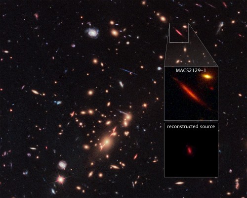 Come un vero e proprio “telescopio naturale” nello spazio, la forza di gravità esercitata dall’ammasso di galassie in primo piano MACS J2129-0741 ingrandisce, rende più brillante e distorce la ben più lontana galassia MACS2129-1, evidenziata nel riquadro superiore. Il riquadro centrale offre una vista completa dell’oggetto celeste, mentre quello in basso mostra la galassia come apparirebbe senza le distorsioni introdotte dall’ammasso in primo piano. Crediti: NASA, ESA, e S. Toft (University of Copenhagen), M. Postman (STScI) e il team CLASH