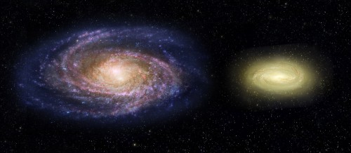Questa rappresentazione artistica mostra come apparirebbe la galassia MACS2129-1 (a destra) in confronto alla nostra, la Via Lattea (a sinistra). Anche se dotata di una massa tripla, MACS2129-1 ha una dimensione pari a circa la metà e le sue stelle ruotano al doppio della velocità di quele nella Via Lattea. Le regioni di color blu nella nostra Galassia indicano la presenza di stelle in formazione mentre MACS2129-1 è di colore giallo, a testimonianza di popolazioni stellari di età più avanzata e dell’assenza di giovani astri. Crediti: NASA, ESA, and Z. Levy (STScI)