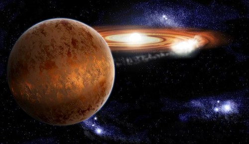 Rappresentazione della fase di variabile cataclismica di un sistema binario composto da una stella nana bianca e una nana bruna. Crediti: Stuart Littlefair / Science.