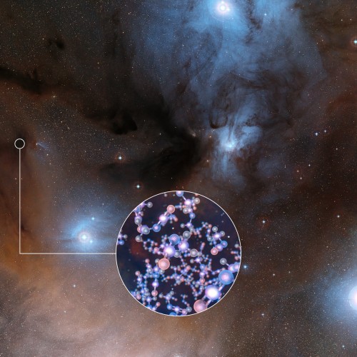 L’immagine mostra la spettacolare regione di formazione stellare in cui è stato trovato l’isocianato di metile, la cui struttura molecolare è mostrata nell’inserto. Crediti: ESO/Digitized Sky Survey 2/L. Calçada