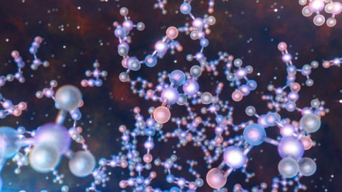 Questa rappresentazione artistica mostra un dettaglio della struttura molecolare dell’Isocianato di metile. Crediti: ESO/L. Calçada