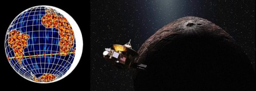 A sinistra, una simulazione con la regione interessata dall'occultazione del 3 Giugno (linea gialla). A destra, una rappresentazione artistica dell'incontro tra NH e 2014 MU69