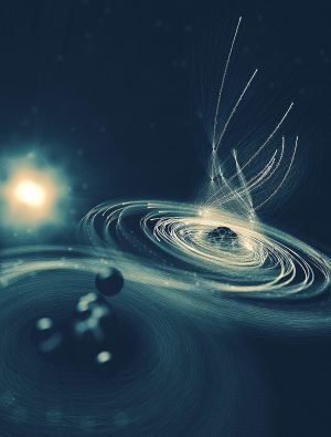 Rappresentazione artistica dell’intenso flash a raggi X che colpisce gli elettroni dell’atomo di iodio (a destra) in modo da attirare a sé gli elettroni del gruppo metilico (a sinistra), come una versione elettromagnetica di un buco nero. Crediti: Desy/Science Communication Lab