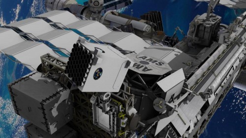 una ricostruzione artistica dello strumento NICER all'opera, vicino ad AMS-02 (rivelatore di raggi cosmici con un significativo contributo dell'Italia) NASA