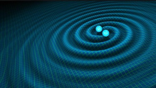 Questa illustrazione mostra due buchi neri prossimi alla fusione, mentre generano onde gravitazionali. A grande distanza da loro, lo spazio-tempo può essere descritto mediante sovrapposizioni di due serie di griglie, raffiguranti le due metriche della struttura della bi-gravità. Crediti: Max, Platscher e Smirnov, sulla base di un'immagine di R. Hurt a Caltech-JPL.