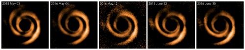 Sequenza di riprese del disco di polveri attorno alla stella HD 135344B ottenute con lo strumento Sphere al Very Large Telescope in Cile. La stella al centro è opportunamente occultata. Crediti: Tomas Stolker / Università di Amsterdam