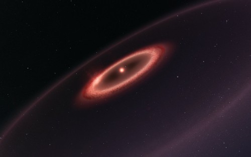 Questa rappresentazione artistica mostra l’aspetto che potrebbero avere le fasce di polvere appena scoperta intorno alla stella più vicina al Sole, Proxima Centauri. Crediti: ESO/M. Kornmesser