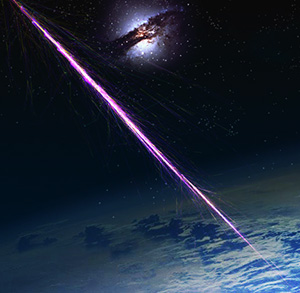 Rappresentazione artistica di raggi cosmici che stanno impattando sull’atmosfera terrestre. Crediti: Pierre Auger Observatory Team
