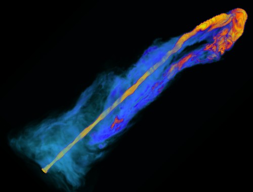 Simulazione numerica magnetoidrodinamica e relativistica in 3D del getto relativistico relativo al blazar CTA 102. Crediti: Gianluigi Bodo e Paola Rossi dell’Inaf di Torino e Andrea Mignone dell’Università di Torino