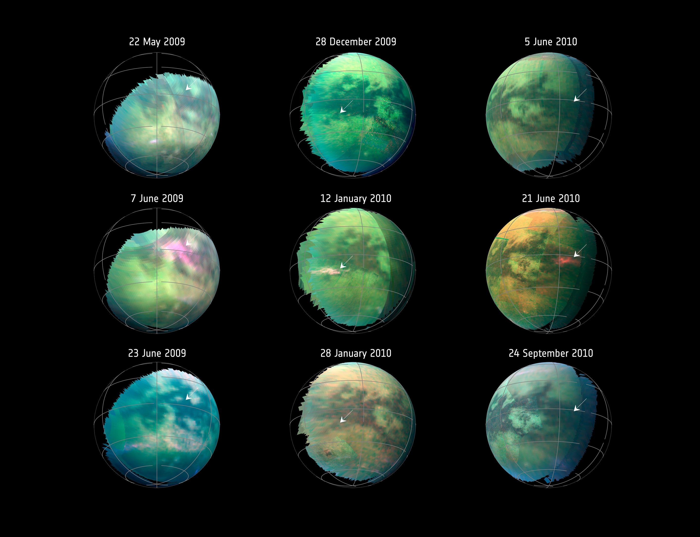 Immagini di 9 flybys di Cassini nel 2009 e nel 2010. Si colgono tre casi in cui compaiono all'improvviso delle macchie di colore chiaro. 