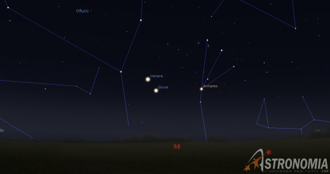 Congiunzione Giove - Venere, giorno 22 ore 5