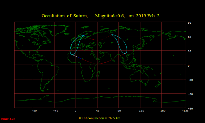 mappa di Mercatore con indicata la zona di visibilità dell'occultazione