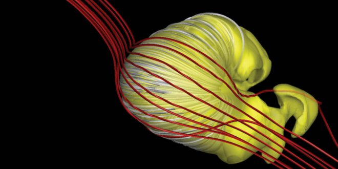 Modello rappresentativo dell'eliosfera. Il Sole si trova al centro di tale forma irregolare, quest'ultima determina il confine col mezzo interstellare. Le linee bianche rappresentano il campo magnetico solare, mentre quelle rosse quello interstellare. Fonte: Globalscience