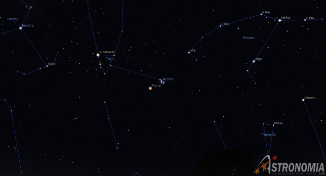 Congiunzione Marte - Pleiadi, giorno 3 ore 21:30