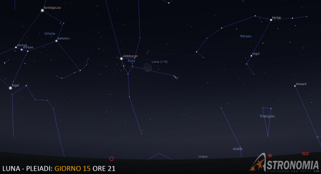 Congiunzione Luna - Pleiadi, giorno 15 ore 21