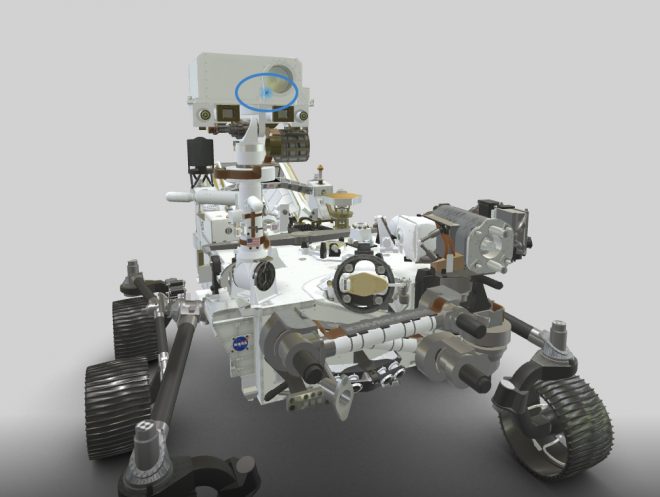 Il Microfono della SuperCam evidenziato in blu