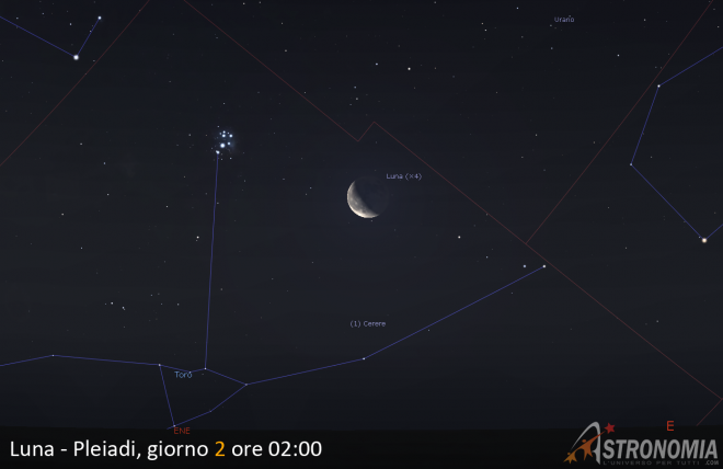 Congiunzione Luna - Pleiadi, giorno 2 ore 02:00