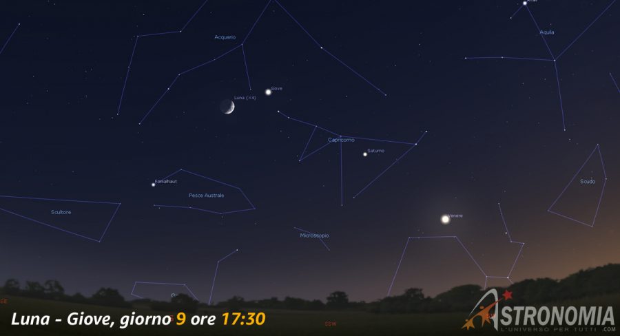Congiunzione Luna - Giove, giorno 9 ore 17:30