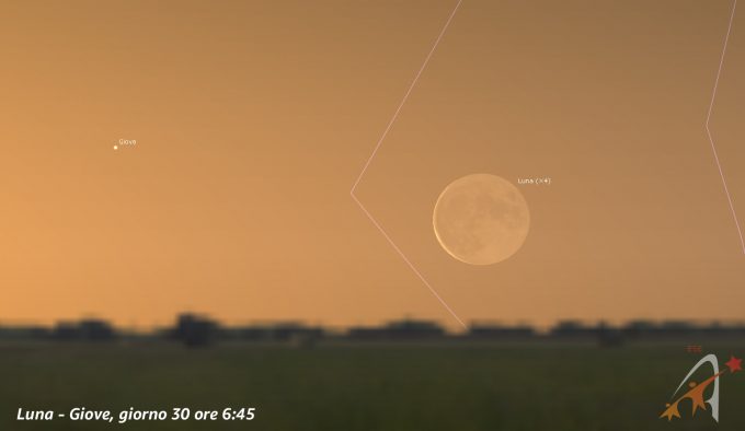 Congiunzione Luna - Giove, giorno 30 ore 6:45