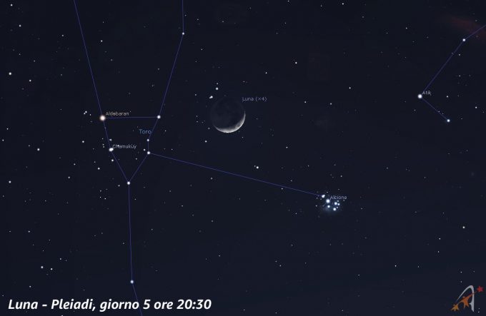Congiunzione Luna - Pleiadi, giorno 5 ore 20