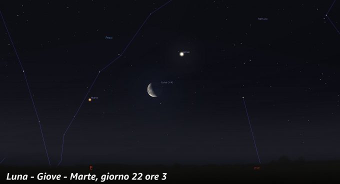 Congiunzione Luna - Giove - Marte, giorno 22 ore 3